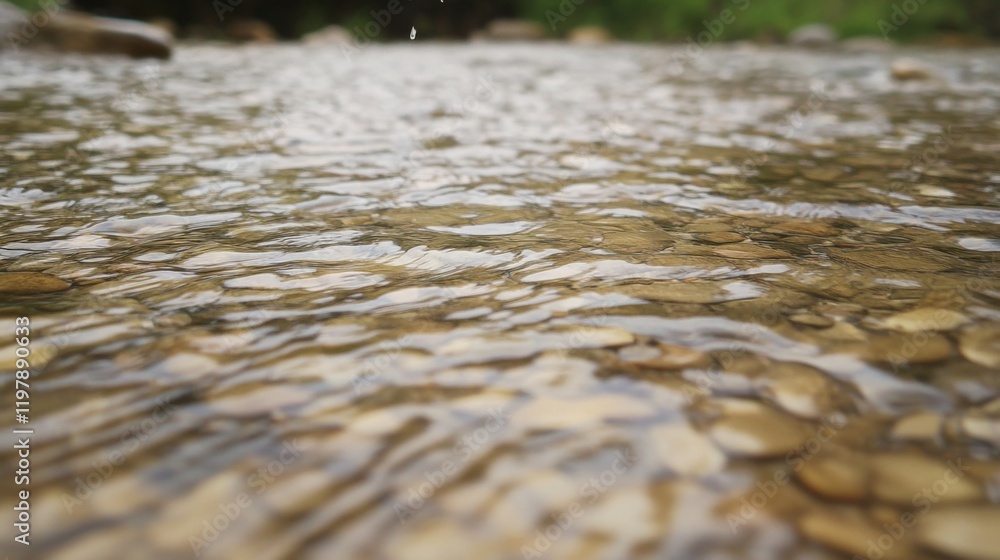 Fototapeta premium Shallow stream with clear water flowing over smooth stones.