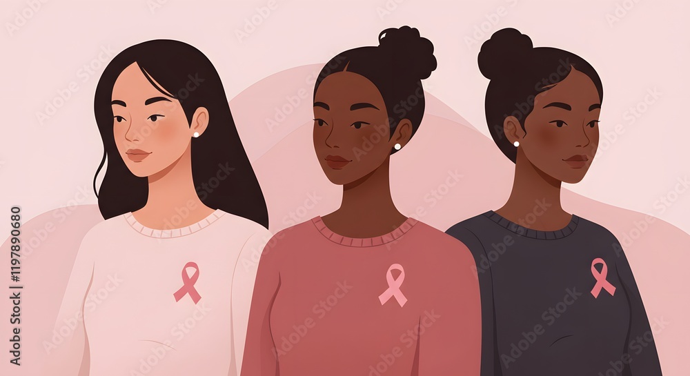 Illustration of women in pink shirts with breast cancer awareness ribbon, showcasing solidarity and support for breast cancer awareness campaign Illustration of women in pink shirts with breast cancer awareness ribbon, showcasing solidarity and support for breast cancer awareness campaign
