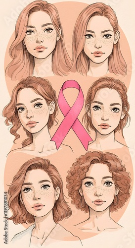 Female portrait illustration for breast cancer awareness with pink ribbon highlighting support and care featuring modern sketch style and warm tones for advocacy campaign and health promotion design