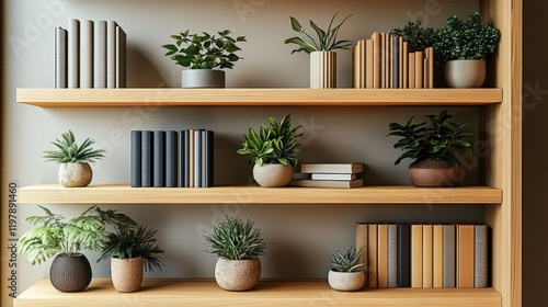 A stylish bookshelf adorned with lush plants creates an inviting atmosphere for virtual office backgrounds.