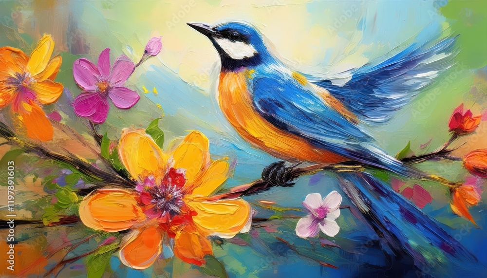 Vibrant Abstract Oil Painting Colorful Bird and Spring Flower Amidst an Explosion of Colors Vibrant Abstract Oil Painting Colorful Bird and Spring Flower Amidst an Explosion of Colors