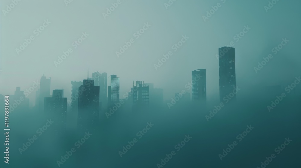 Naklejka premium A misty skyline shrouded in fog, creating an atmospheric urban landscape.