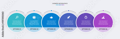 Horizontal progress bar featuring 6 arrow-shaped elements, symbolizing the six stages of business strategy and progression. Clean timeline infographic design template. Vector for presentation
