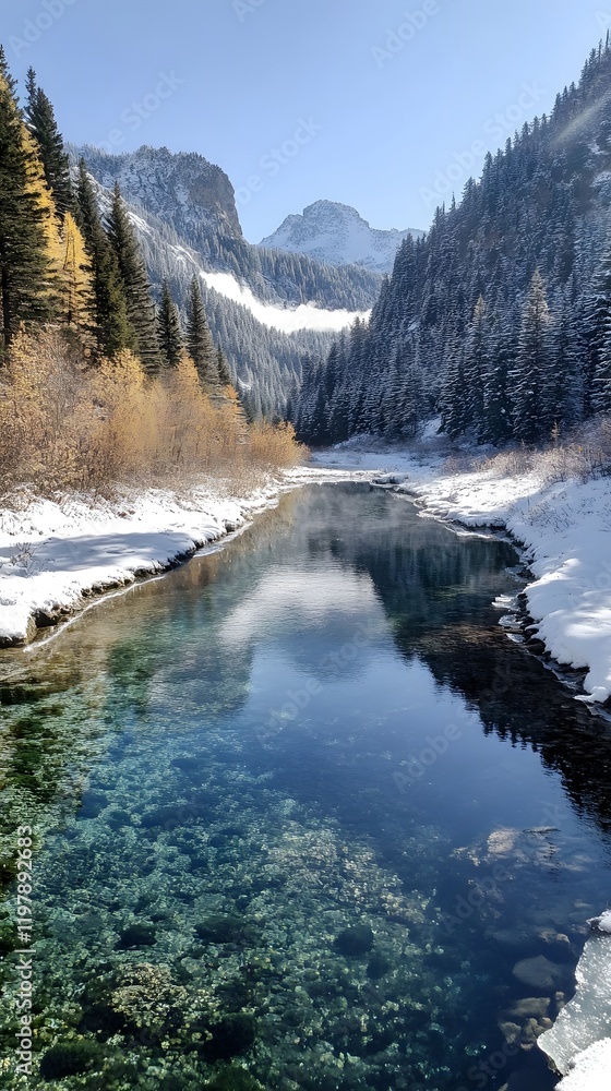 Naklejka premium Snowy Forest with River 
