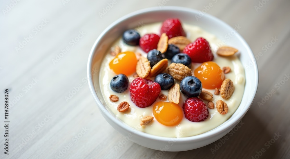 Bowl of yogurt with fruit and nuts on top Bowl of yogurt with fruit and nuts on top
