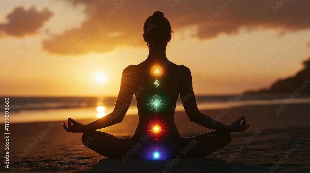 Woman practicing yoga at sunset on the beach, highlighting chakra energy. Woman practicing yoga at sunset on the beach, highlighting chakra energy.