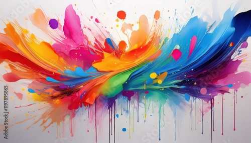 Vibrant Abstract Artwork Colorful Paint Splatters and Drips on White Background A Symphony of Hues and Textures Captured in Time photo