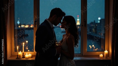 Imagine a dimly lit apartment with large windows overlooking a rainy cityscape at night. Two lovers stand side by side, their expressions a mix of passion and vulnerability. photo