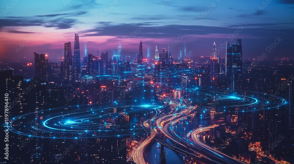 Fototapeta premium Abstract business man stands on the peak of success amid tall, innovative Smart city and graphs with statistics to analyze business potential and predict future developments in company growth.