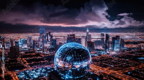 The heart of the city shines at night, featuring a prominent glowing orb.