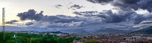 Great panoramic view of the city of Pamplona with storm clouds in the sky