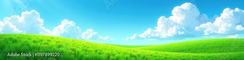 Emerald grass carpet, azure sky canvas, cumulus clouds , spring, space, airy