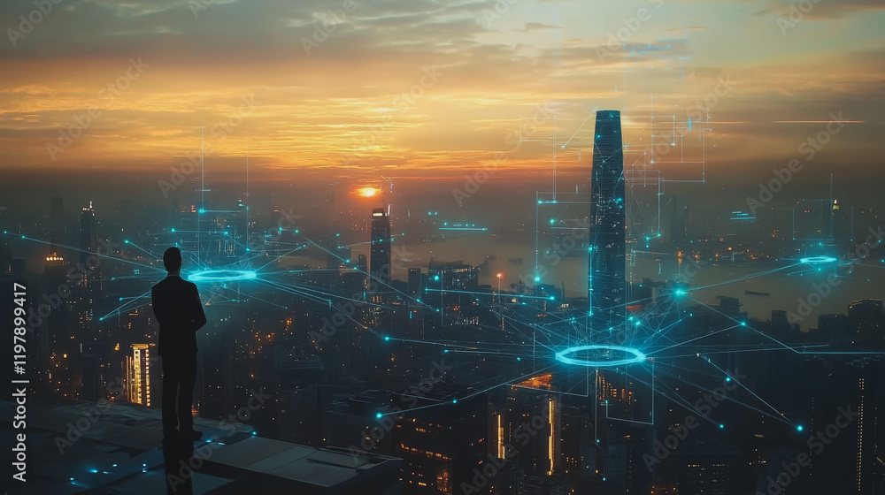 Abstract business man stands on the peak of success amid tall, innovative Smart city and graphs with statistics to analyze business potential and predict future developments in company growth. Abstract business man stands on the peak of success amid tall, innovative Smart city and graphs with statistics to analyze business potential and predict future developments in company growth.