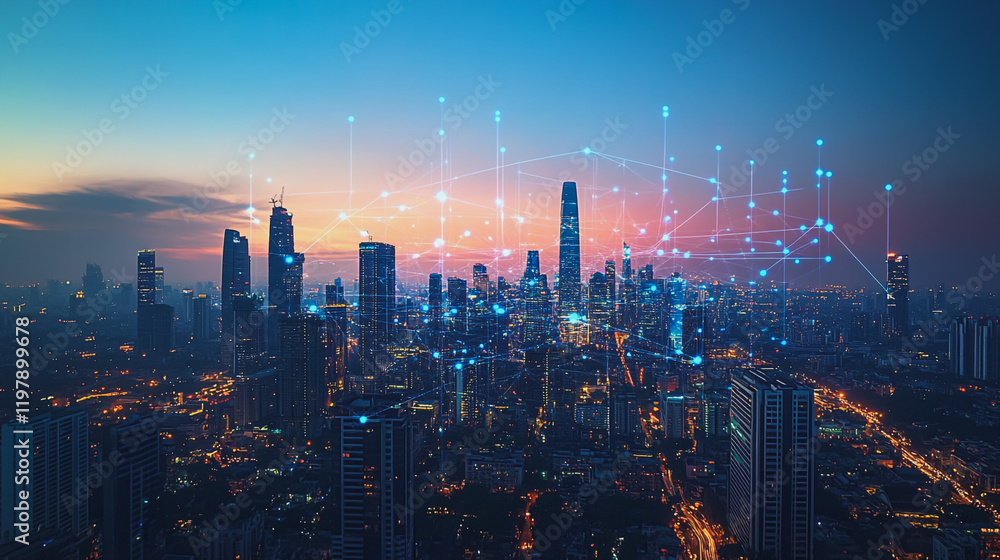 Fototapeta premium Abstract business man stands on the peak of success amid tall, innovative Smart city and graphs with statistics to analyze business potential and predict future developments in company growth.