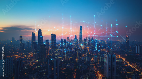 Wallpaper Mural Abstract business man stands on the peak of success amid tall, innovative Smart city and graphs with statistics to analyze business potential and predict future developments in company growth. Torontodigital.ca