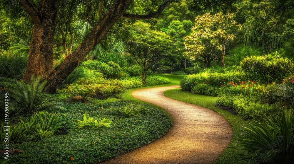 Fototapeta premium Winding path, lush garden, tranquility, nature, background foliage, relaxation, brochure