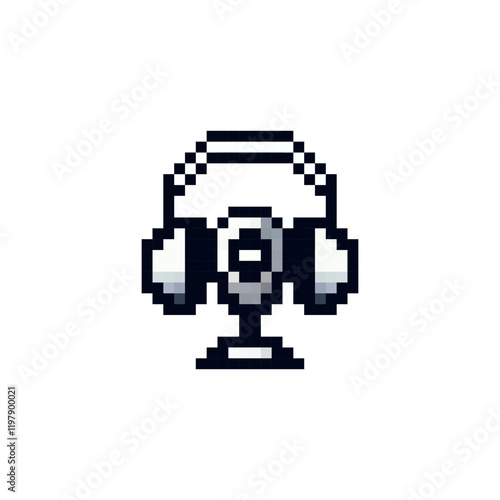 Pixel headphones vector icon. Headphones with microphone vector. Pixel headset icon in 8 bit style. Microphone between headphones vector.