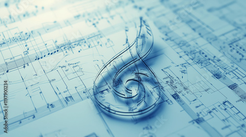 Music Note Symbol on a Concert Hall Blueprint, Highlighting Acoustics and Cutting-Edge Performance Space Design