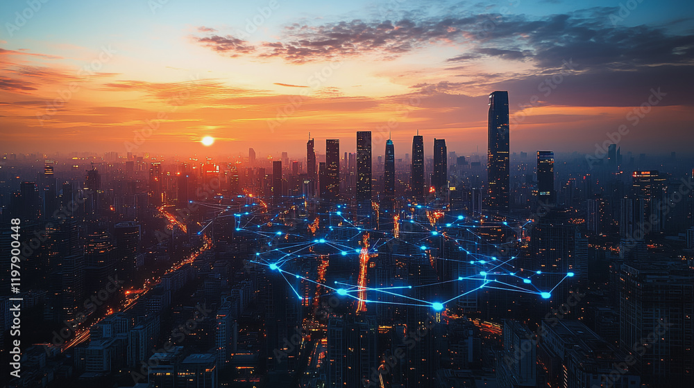 Fototapeta premium Abstract business man stands on the peak of success amid tall, innovative Smart city and graphs with statistics to analyze business potential and predict future developments in company growth.