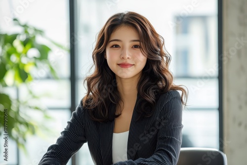 Free Download A young Japanese woman with wavy dark brown hair sits at a desk in a bright modern office space - GFXLoad