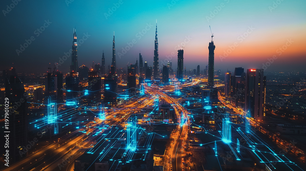 Fototapeta premium Abstract business man stands on the peak of success amid tall, innovative Smart city and graphs with statistics to analyze business potential and predict future developments in company growth.