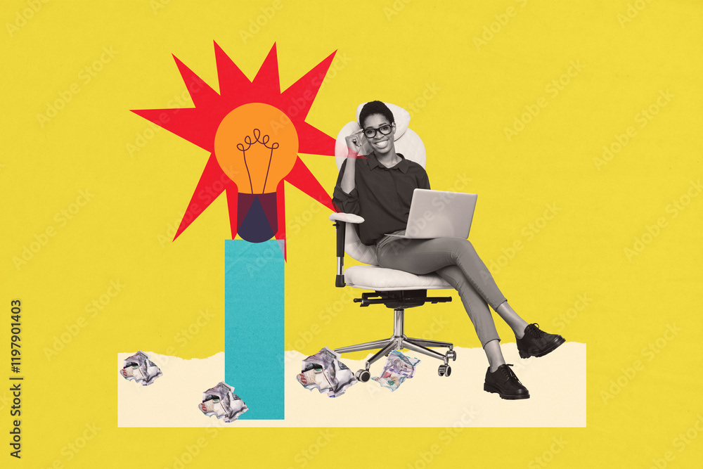 Trend artwork banner sketch photo collage of jigsaw startup idea solution young woman sit armchair hold laptop finance income rich money Trend artwork banner sketch photo collage of jigsaw startup idea solution young woman sit armchair hold laptop finance income rich money