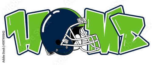 For Life - Navy blue and neon green football player helmet - sport vector graphics, hockey, for street art - graffiti lettering typography - art illustration - multicolor - writen
