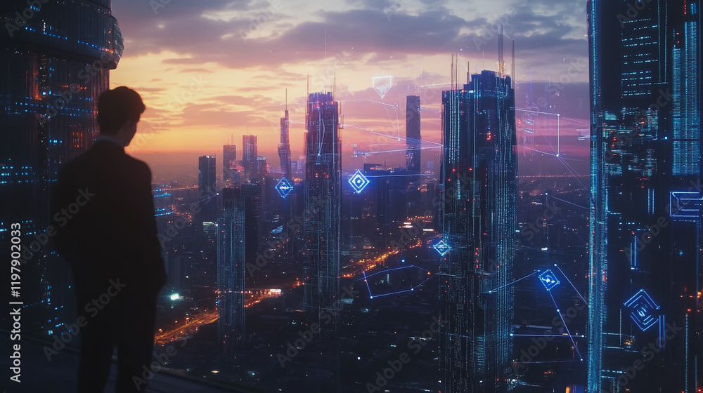Abstract business man stands on the peak of success amid tall, innovative Smart city and graphs with statistics to analyze business potential and predict future developments in company growth. Abstract business man stands on the peak of success amid tall, innovative Smart city and graphs with statistics to analyze business potential and predict future developments in company growth.