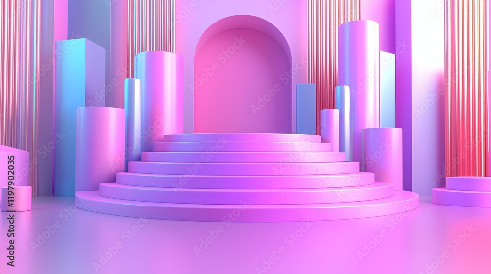 Pastel Paradise: A dreamy, pastel-hued 3D rendering of an elegant, stepped platform surrounded by vibrant geometric shapes. Perfect for product displays or artistic backgrounds. Pastel Paradise: A dreamy, pastel-hued 3D rendering of an elegant, stepped platform surrounded by vibrant geometric shapes. Perfect for product displays or artistic backgrounds.