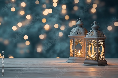 Photo of two Ramadan lanterns on a table with blurred lights in the background, copy space, studio lighting, high-resolution photography, insanely detailed and intricate, fine details, isolated plain  photo