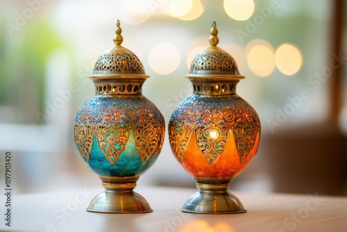 Photo of two Ramadan lanterns on a table with blurred lights in the background, copy space, studio lighting, high-resolution photography, insanely detailed and intricate, fine details, isolated plain  photo