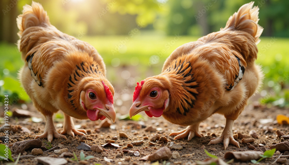 Fototapeta premium Two chickens foraging on ground in a sunny garden