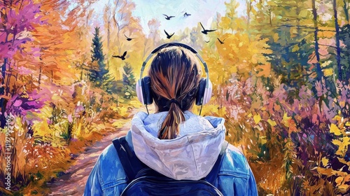 a painting of a girl with headphones and headphones walking thro photo