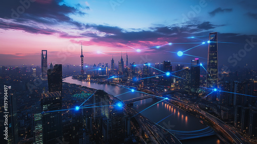 Wallpaper Mural Abstract business man stands on the peak of success amid tall, innovative Smart city and graphs with statistics to analyze business potential and predict future developments in company growth. Torontodigital.ca