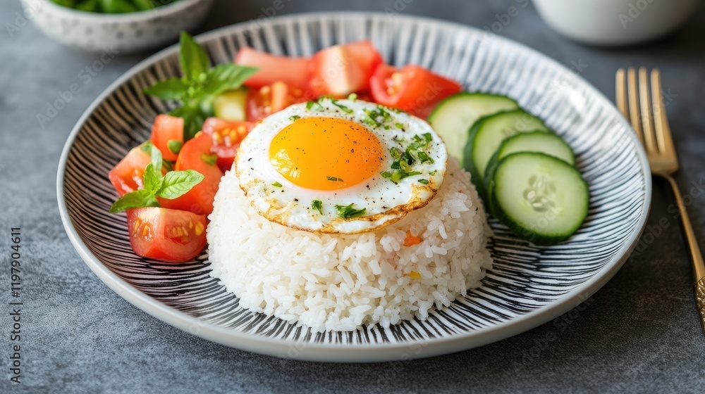 A beautiful presentation of basil fried rice topped with a fried egg, accompanied by a colorful salad of cucumber and tomato slices on a stylish plate A beautiful presentation of basil fried rice topped with a fried egg, accompanied by a colorful salad of cucumber and tomato slices on a stylish plate