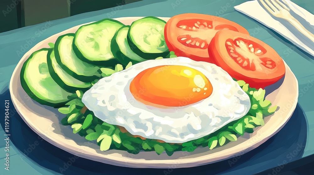 A beautiful presentation of basil fried rice topped with a fried egg, accompanied by a colorful salad of cucumber and tomato slices on a stylish plate A beautiful presentation of basil fried rice topped with a fried egg, accompanied by a colorful salad of cucumber and tomato slices on a stylish plate
