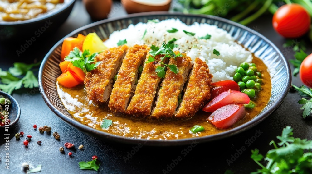 A beautiful presentation of curry rice with tonkatsu on a decorative plate, surrounded by fresh vegetables and herbs, showcasing the art of Japanese meal plating A beautiful presentation of curry rice with tonkatsu on a decorative plate, surrounded by fresh vegetables and herbs, showcasing the art of Japanese meal plating