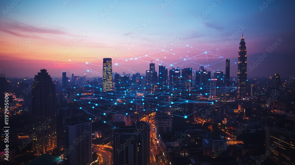 Fototapeta premium Abstract business man stands on the peak of success amid tall, innovative Smart city and graphs with statistics to analyze business potential and predict future developments in company growth.