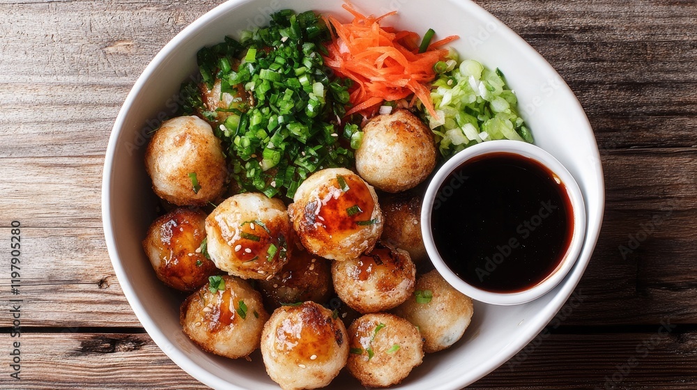 A bowl of crispy takoyaki balls served with a side of dipping sauce and fresh vegetables, creating a vibrant and inviting presentation on a wooden table A bowl of crispy takoyaki balls served with a side of dipping sauce and fresh vegetables, creating a vibrant and inviting presentation on a wooden table