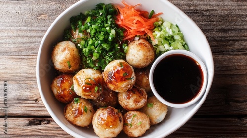 Wallpaper Mural A bowl of crispy takoyaki balls served with a side of dipping sauce and fresh vegetables, creating a vibrant and inviting presentation on a wooden table Torontodigital.ca