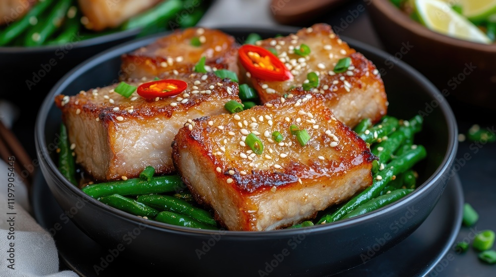 A bowl of stir-fried pork belly with garlic and green beans, garnished with sesame seeds and chili slices on a dark plate A bowl of stir-fried pork belly with garlic and green beans, garnished with sesame seeds and chili slices on a dark plate
