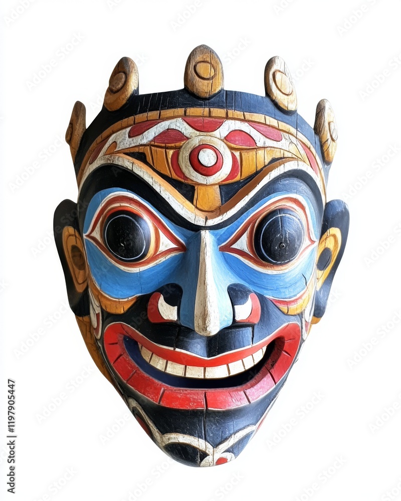 Naklejka premium A vibrant and intricately carved mask showcasing cultural artistry. This mask represents tradition and creativity in decorative craftsmanship. Generative AI