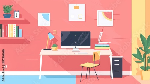 Wallpaper Mural A modern workspace featuring a desk, computer, books, and plants in a colorful setting. Torontodigital.ca