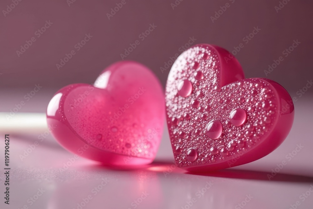 Fototapeta premium Two pink heart-shaped lollipops sitting next to each other on a table, decoration, candy, sweet treats
