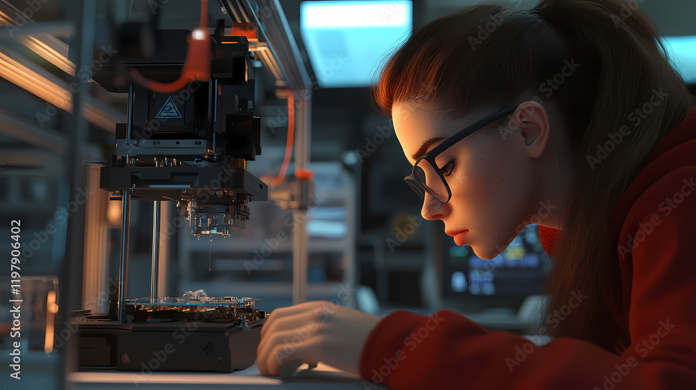 Female student works in the automation lab debugging the 3d printer. 3d printers model 3d objects in three dimensions. Stormfall. Illustration Female student works in the automation lab debugging the 3d printer. 3d printers model 3d objects in three dimensions. Stormfall. Illustration