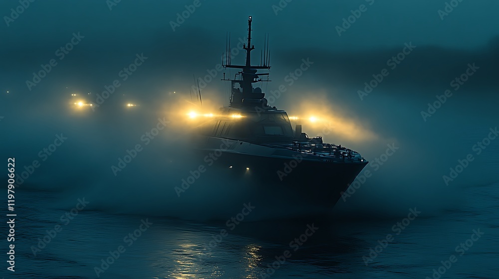 Warship sailing through nighttime fog and sea Warship sailing through nighttime fog and sea
