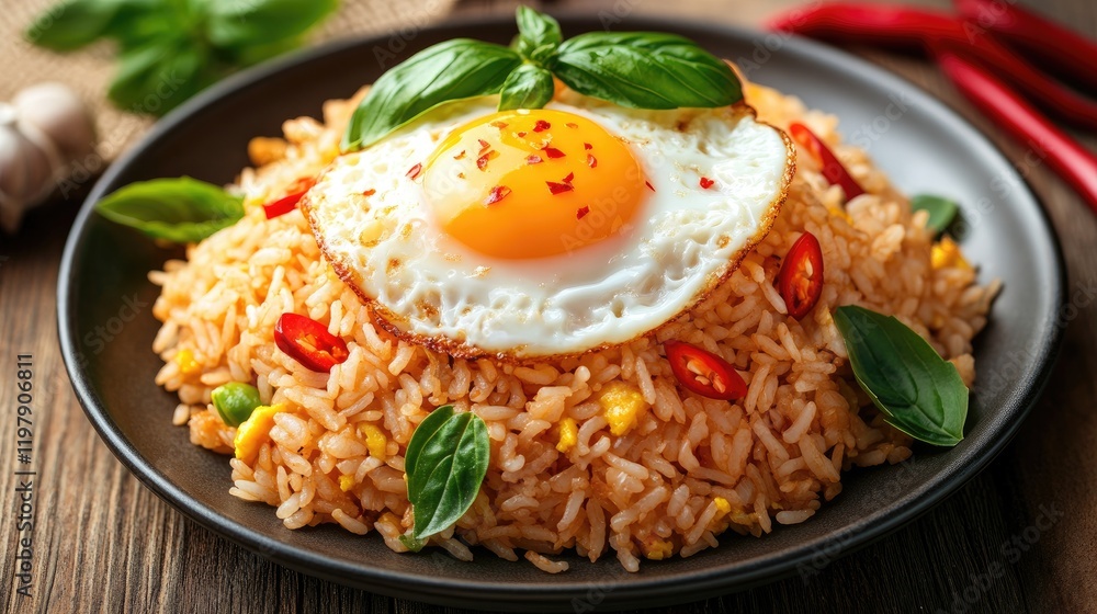 A close-up of a vibrant plate of basil fried rice topped with a perfectly fried egg, garnished with fresh basil leaves and chili slices, against a rustic wooden background A close-up of a vibrant plate of basil fried rice topped with a perfectly fried egg, garnished with fresh basil leaves and chili slices, against a rustic wooden background