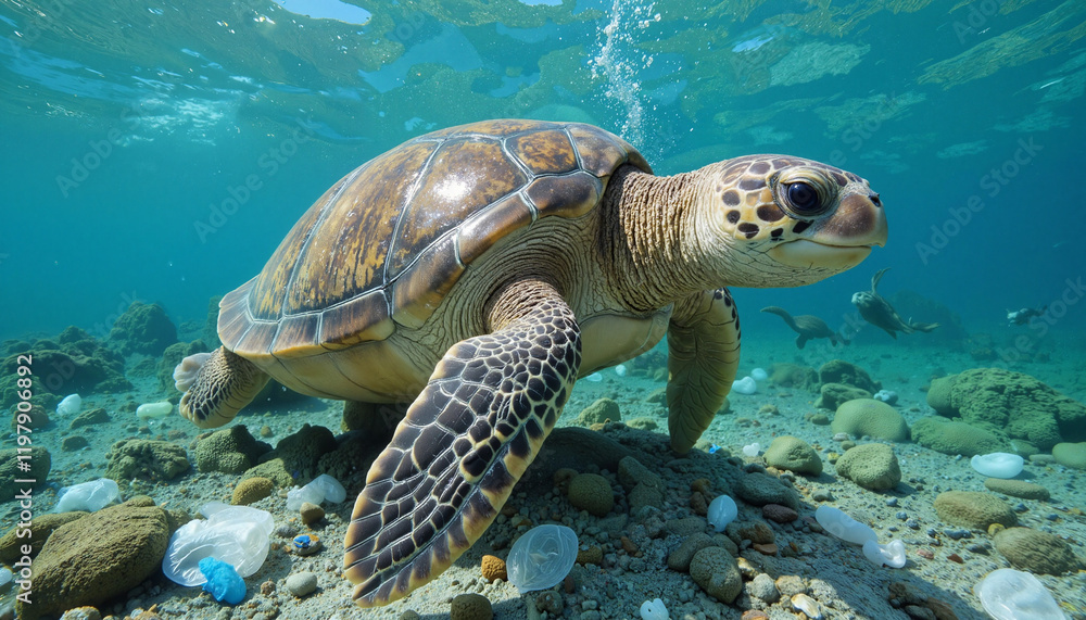 Obraz premium Turtle swimming gracefully among underwater rocks and jellyfish