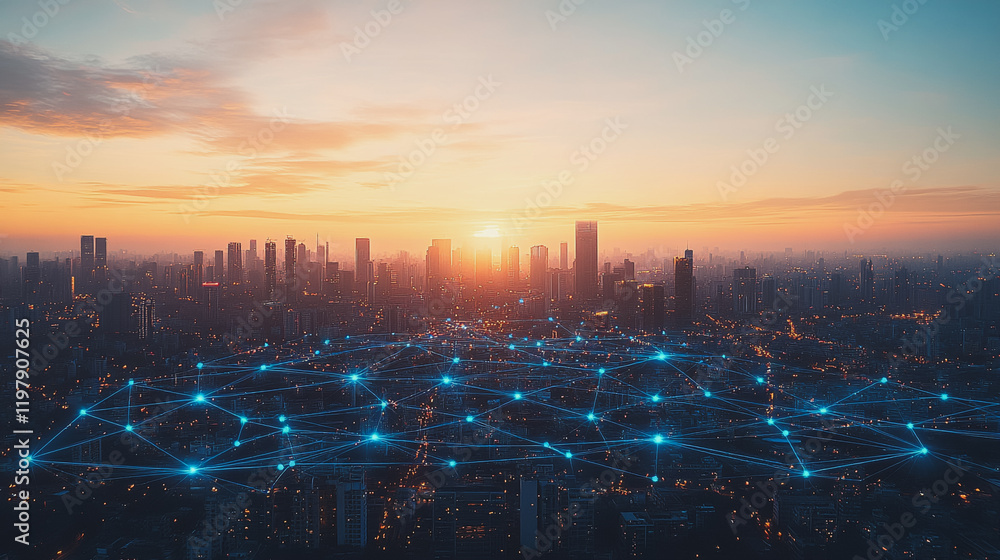 Obraz premium Abstract business man stands on the peak of success amid tall, innovative Smart city and graphs with statistics to analyze business potential and predict future developments in company growth.