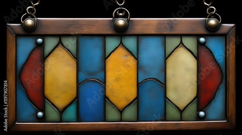 Wooden Framed Colorful Glass Panel Hanging Decor photo